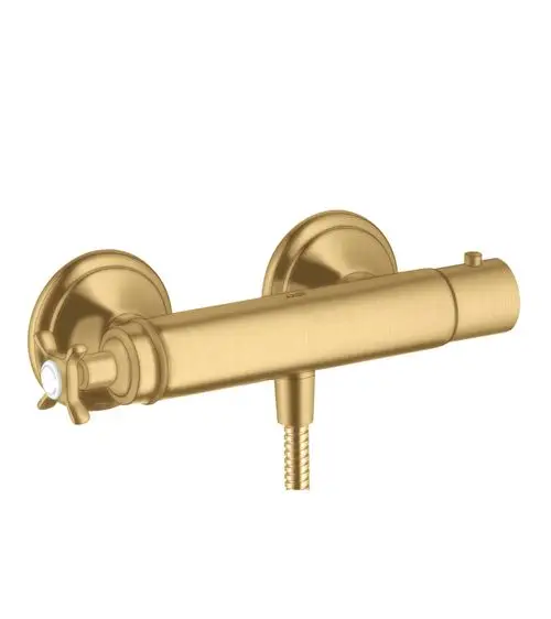 Thermostat mit zwei runden Wandhalterungen und einem Kreuzgriff in gebürstetem Gold, hergestellt von AXOR.